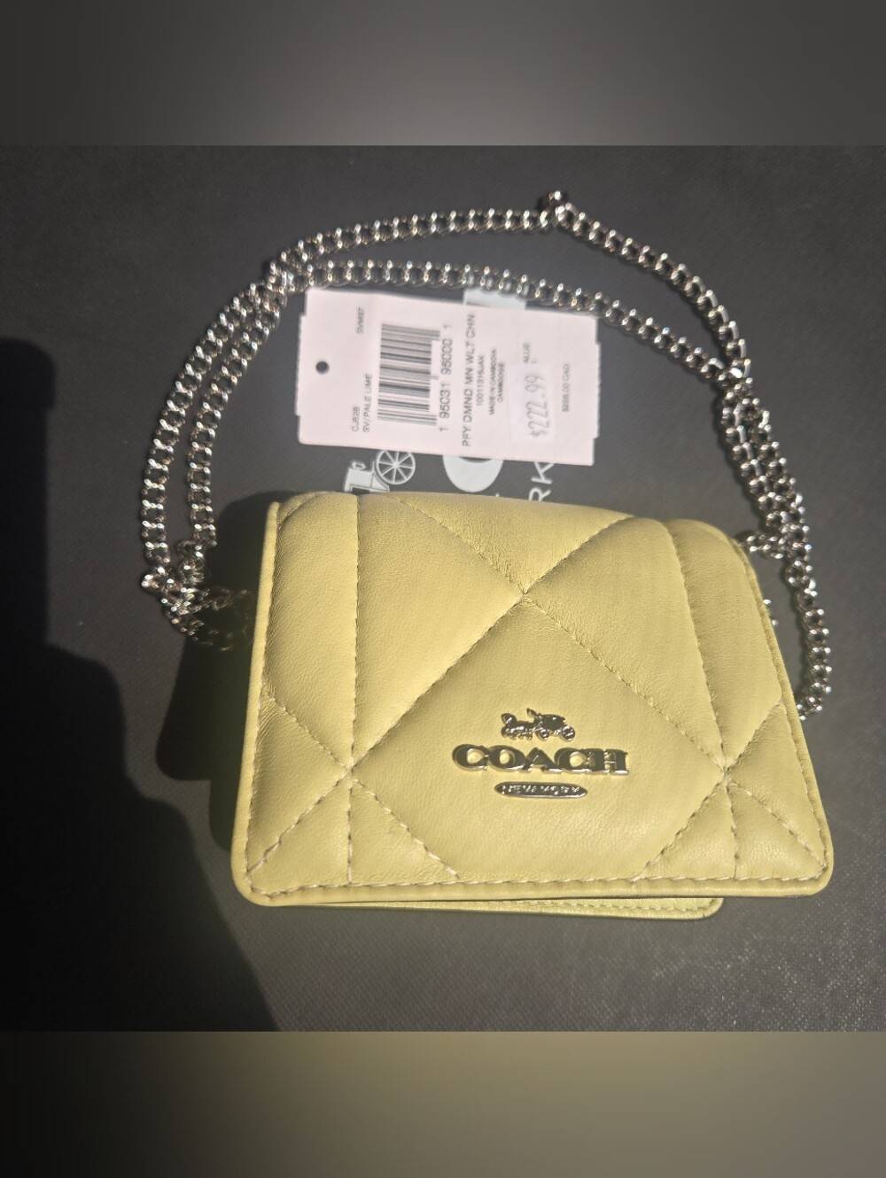 Coach Mini Wallet On A Chain Puffy Diamond Quilting NWT Pale Lime Green